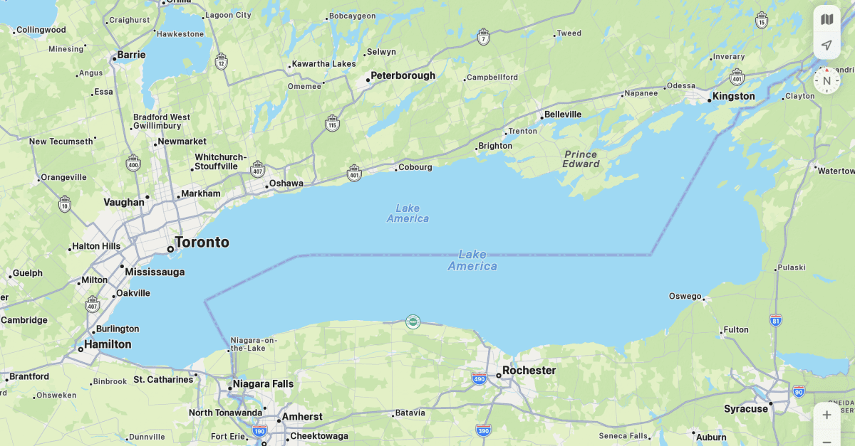 Google and Apple Rename Lake Ontario to Lake America